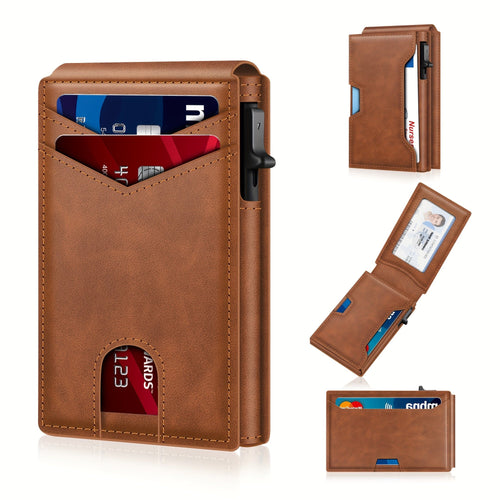 💥Last Day 49% OFF💥Wallet for Men - with Pop Up Aluminum Case Money Clip Slim Leather Slots Credit Card Holder RFID Blocking Bifold Minimalist Wallet