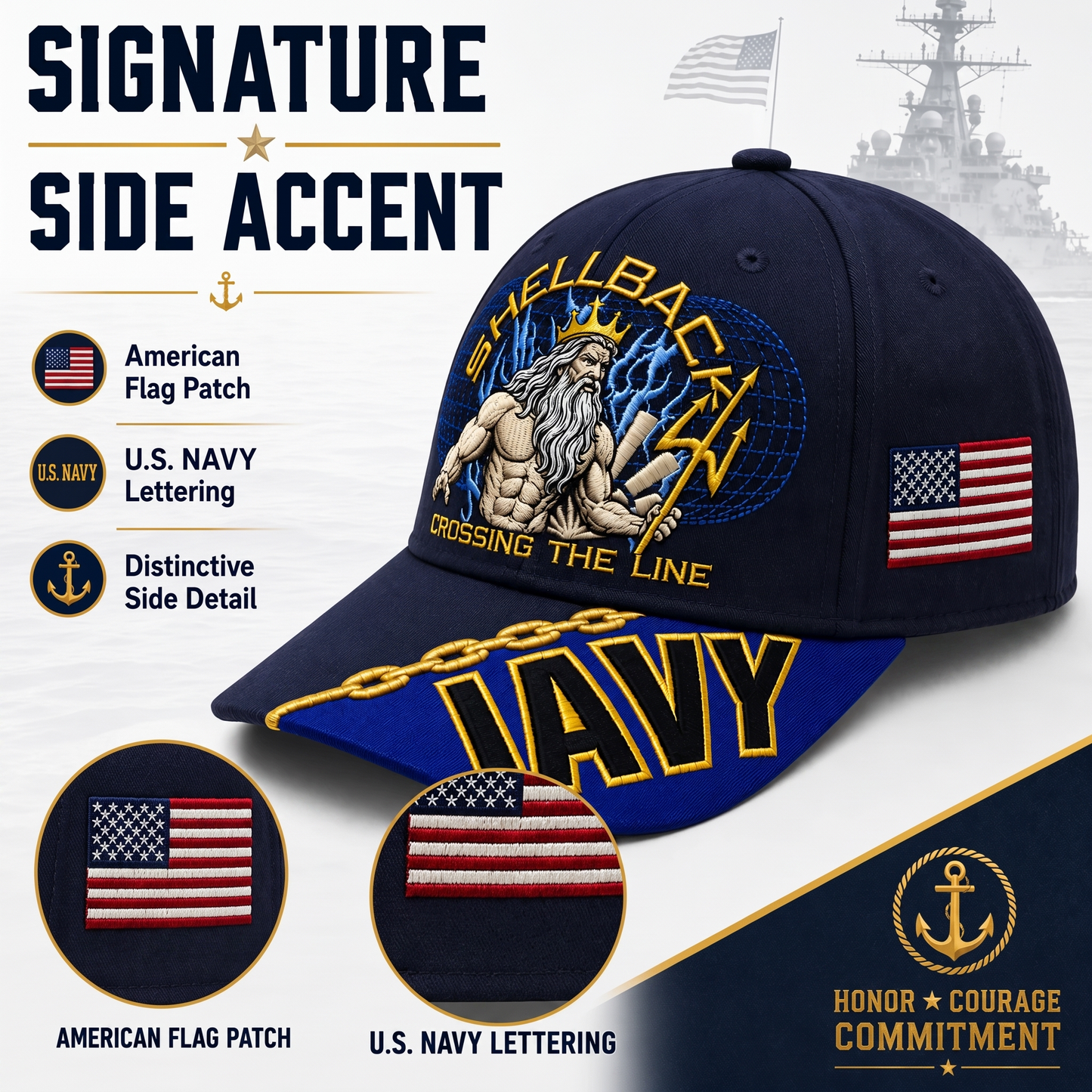 🔥SHELLBACK “Crossing The Line” Navy Embroidered Cap 🇺🇸