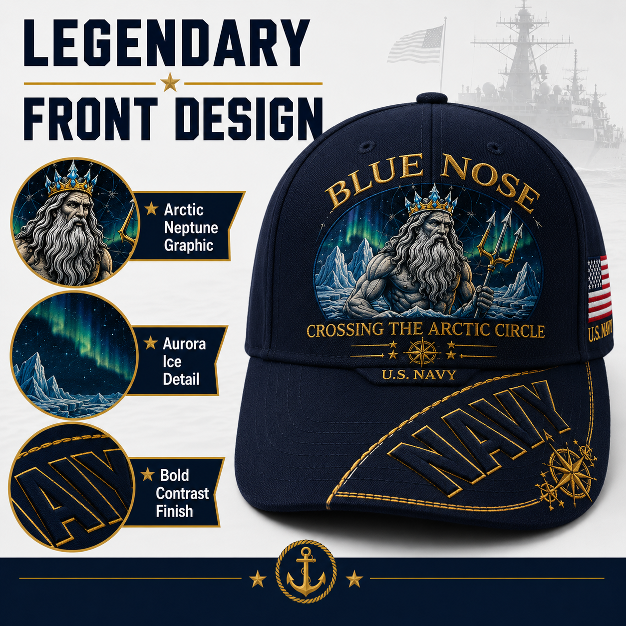 🔥SHELLBACK “Crossing The Line” Navy Embroidered Cap 🇺🇸