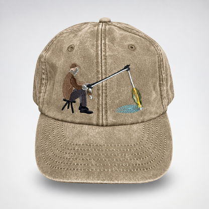 🎣🧢 Catch of the Day Interactive Fishing Cap –🎁 Vintage Washed Moving Fish Hat