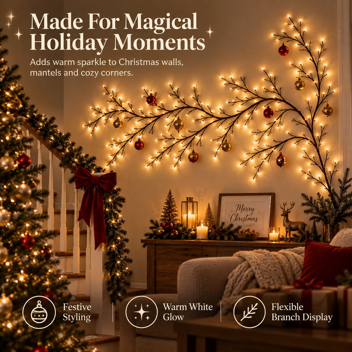 Warm Glow Willow Branch Wall Lights – Flexible USB LED Vine with Remote Control