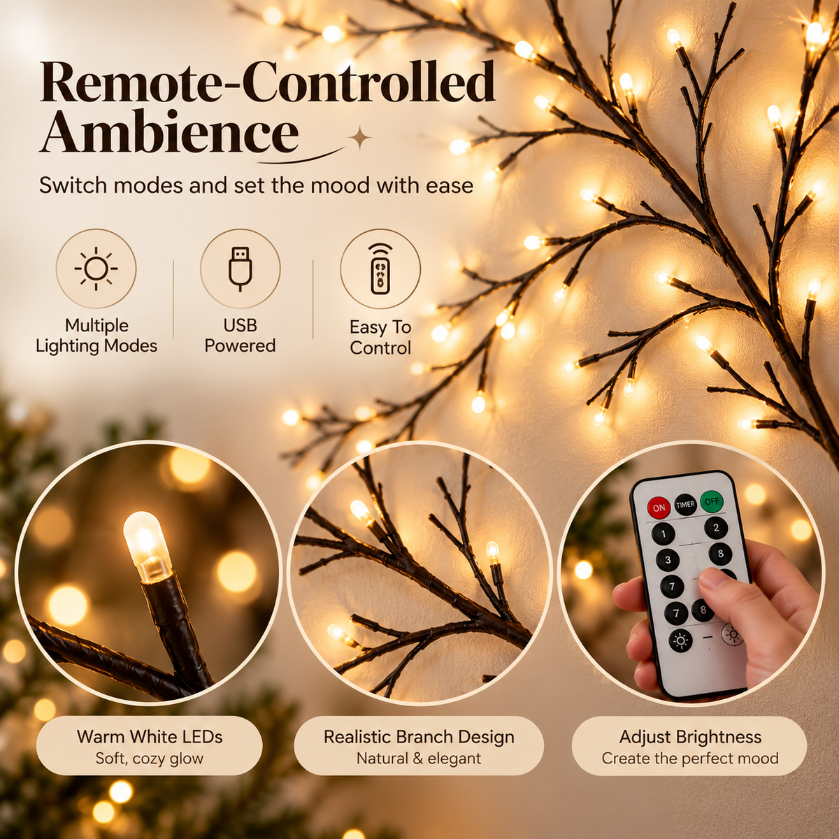 Warm Glow Willow Branch Wall Lights – Flexible USB LED Vine with Remote Control