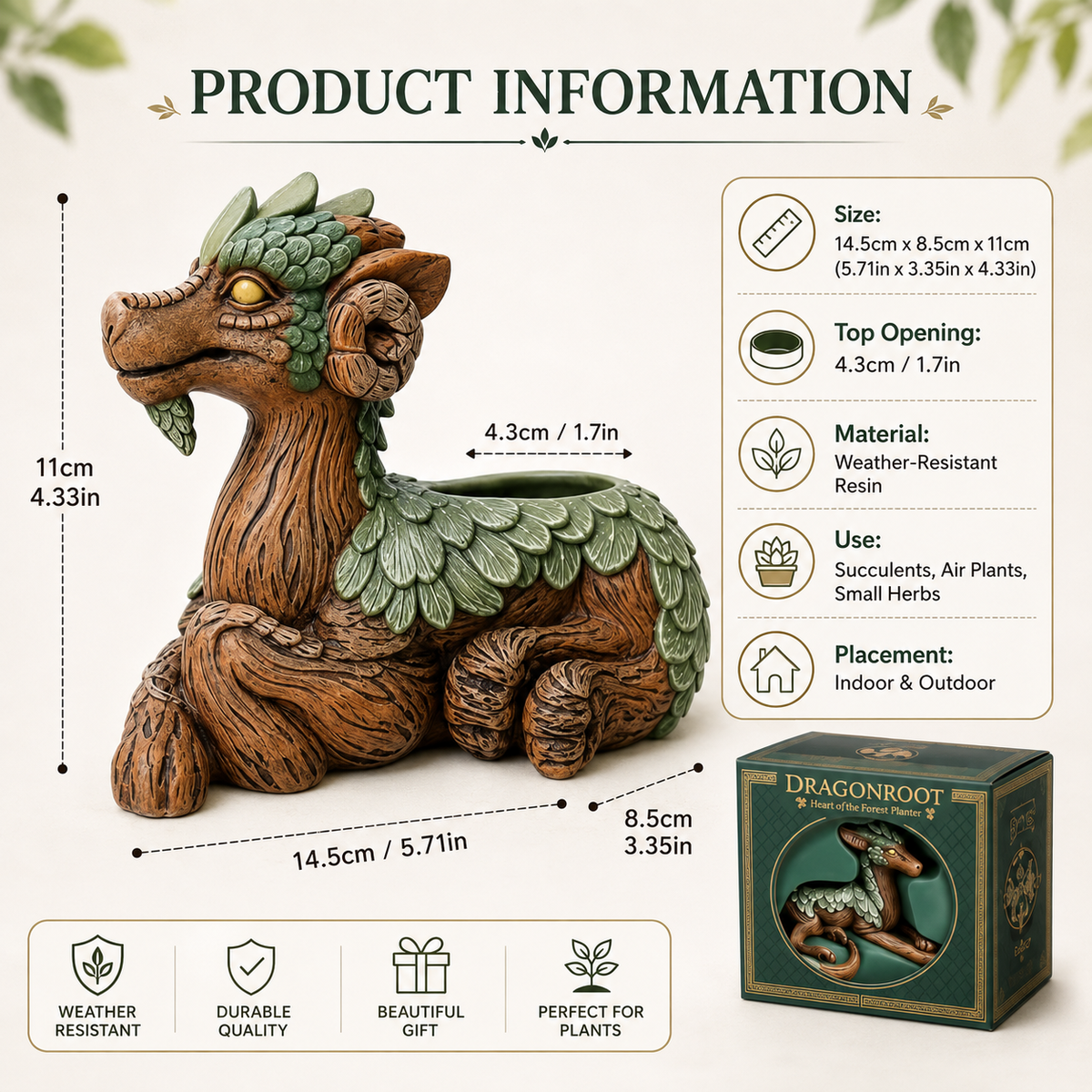 Woodland Dragon Planter – Whimsical Resin Pot for Succulents & Small Plants
