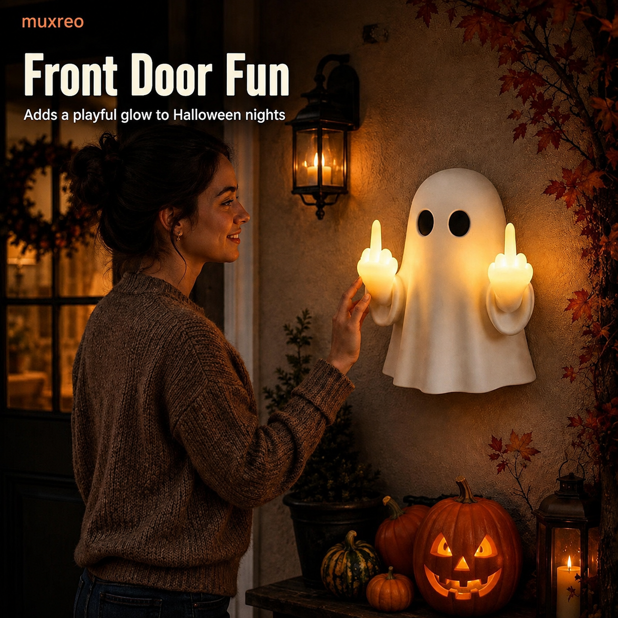 👻🔥Funny Middle Finger Ghost Wall Light – Glowing Halloween Decor