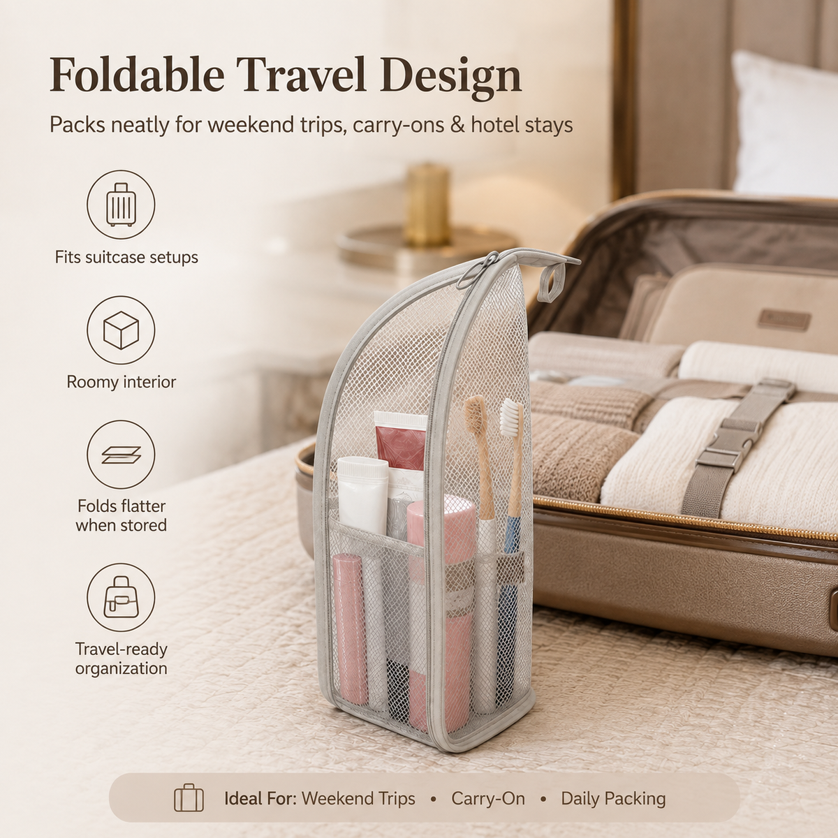 🔥Last Day 49% OFF - ✨ Standing Toiletry Bag | Foldable Mesh Travel Organizer With See-Through Pockets