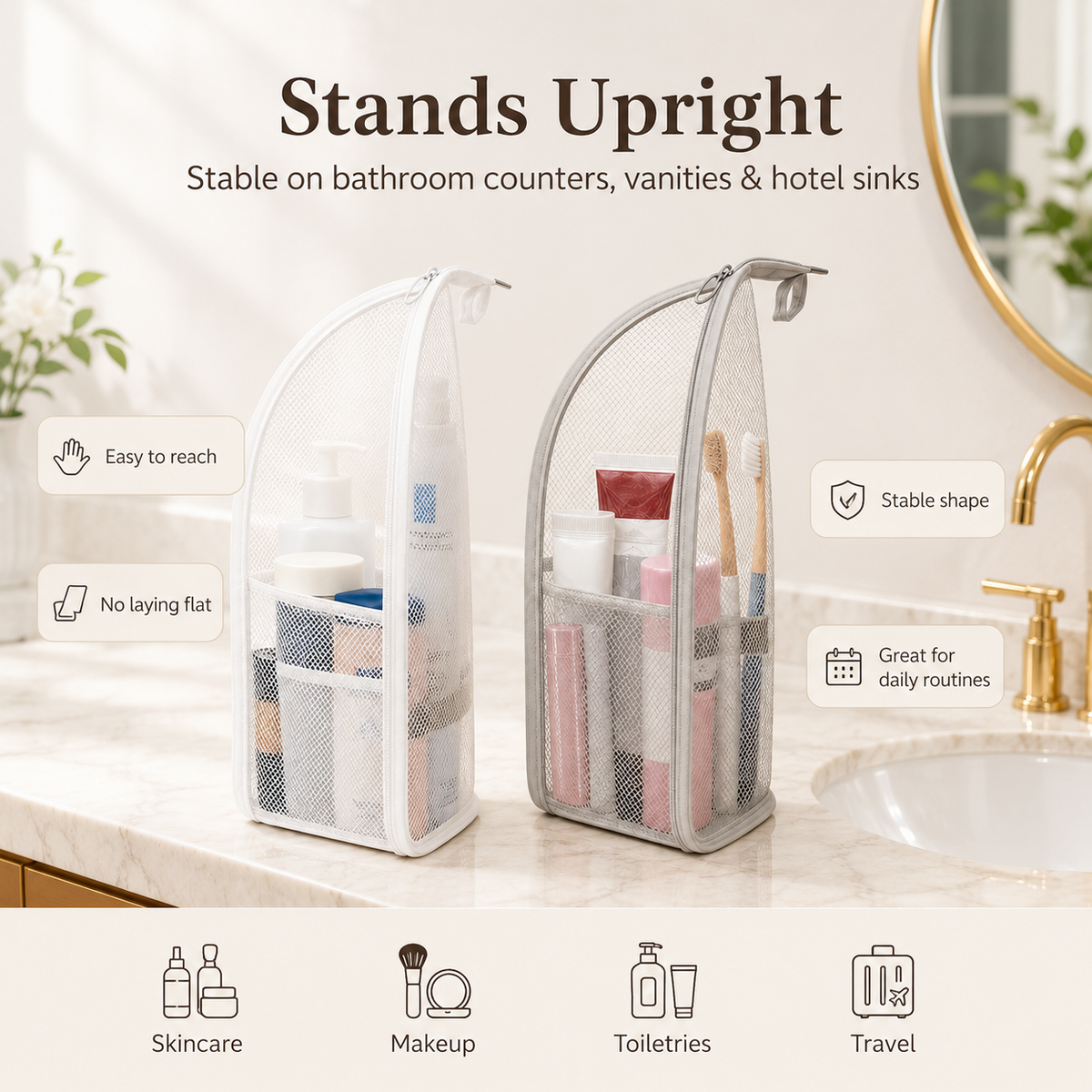 🔥Last Day 49% OFF - ✨ Standing Toiletry Bag | Foldable Mesh Travel Organizer With See-Through Pockets