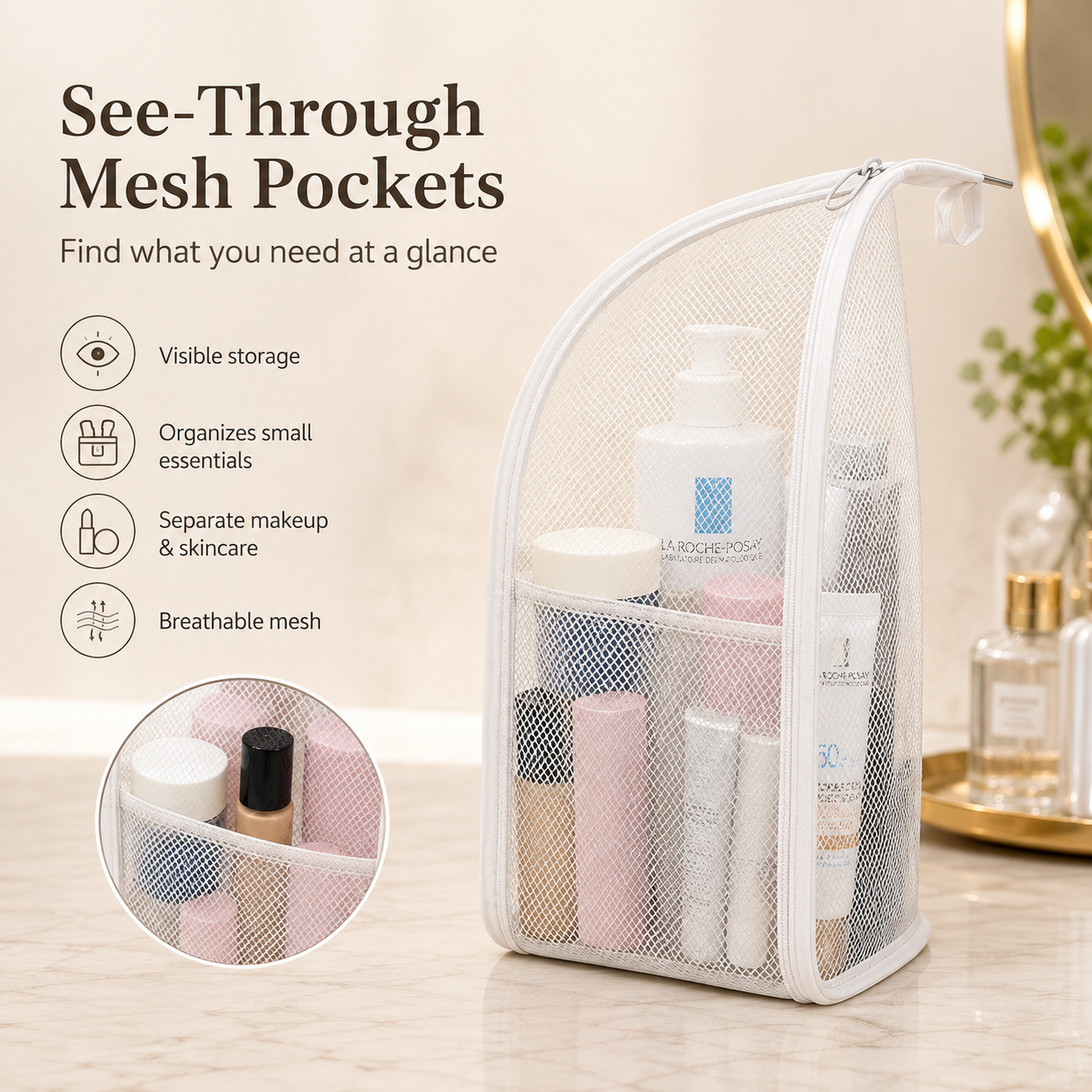 🔥Last Day 49% OFF - ✨ Standing Toiletry Bag | Foldable Mesh Travel Organizer With See-Through Pockets