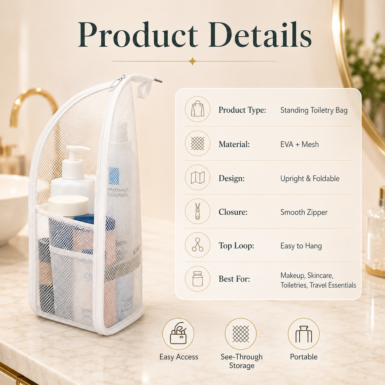 🔥Last Day 49% OFF - ✨ Standing Toiletry Bag | Foldable Mesh Travel Organizer With See-Through Pockets