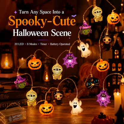 🎃 Halloween Character String Lights with Timer & 8 Lighting Modes – 20 LED Battery-Operated Décor