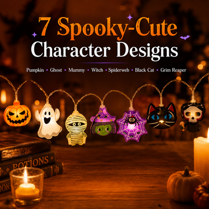 🎃 Halloween Character String Lights with Timer & 8 Lighting Modes – 20 LED Battery-Operated Décor