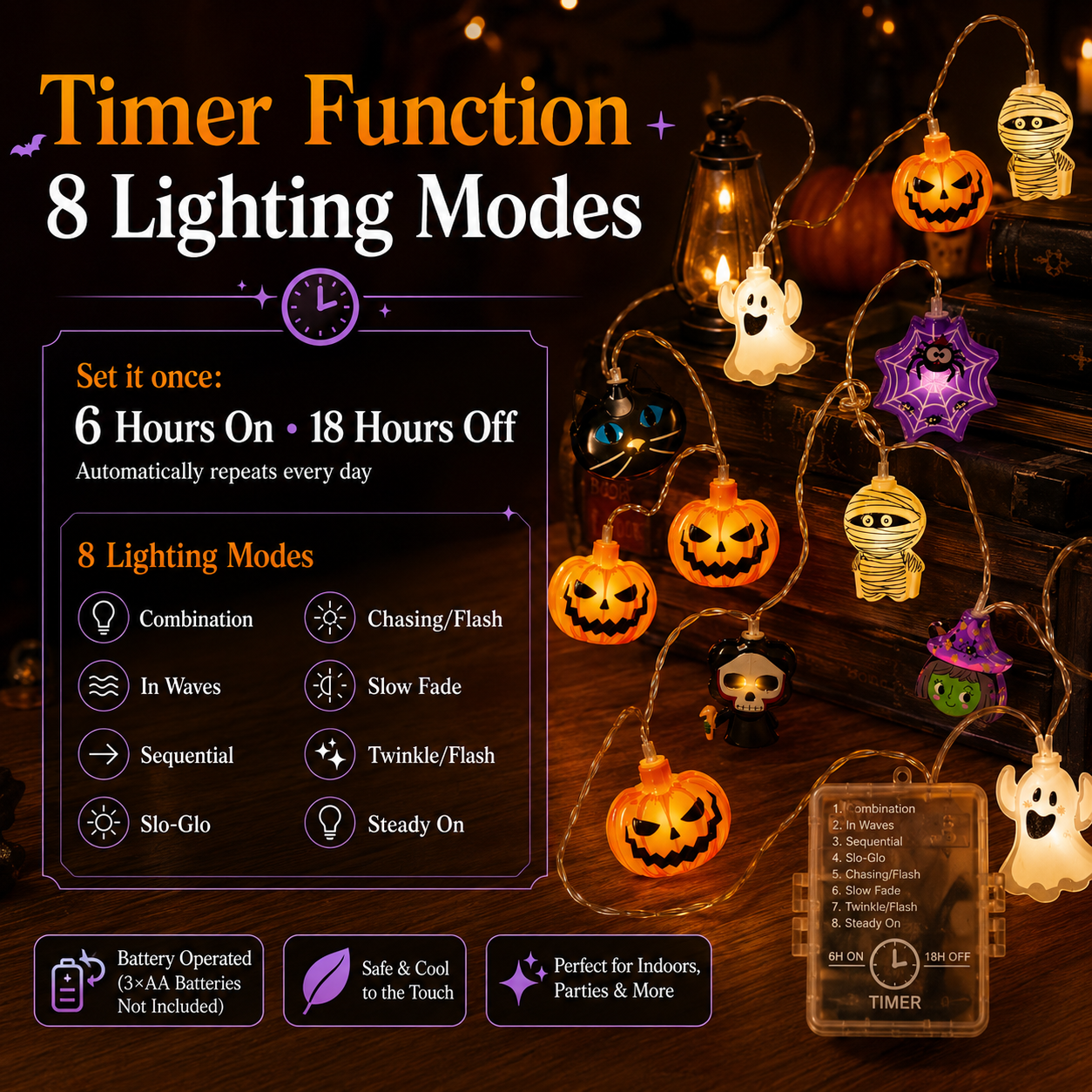 🎃 Halloween Character String Lights with Timer & 8 Lighting Modes – 20 LED Battery-Operated Décor