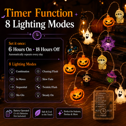 🎃 Halloween Character String Lights with Timer & 8 Lighting Modes – 20 LED Battery-Operated Décor