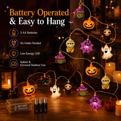 🎃 Halloween Character String Lights with Timer & 8 Lighting Modes – 20 LED Battery-Operated Décor