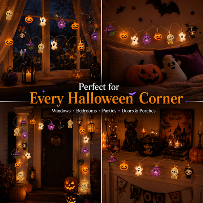 🎃 Halloween Character String Lights with Timer & 8 Lighting Modes – 20 LED Battery-Operated Décor