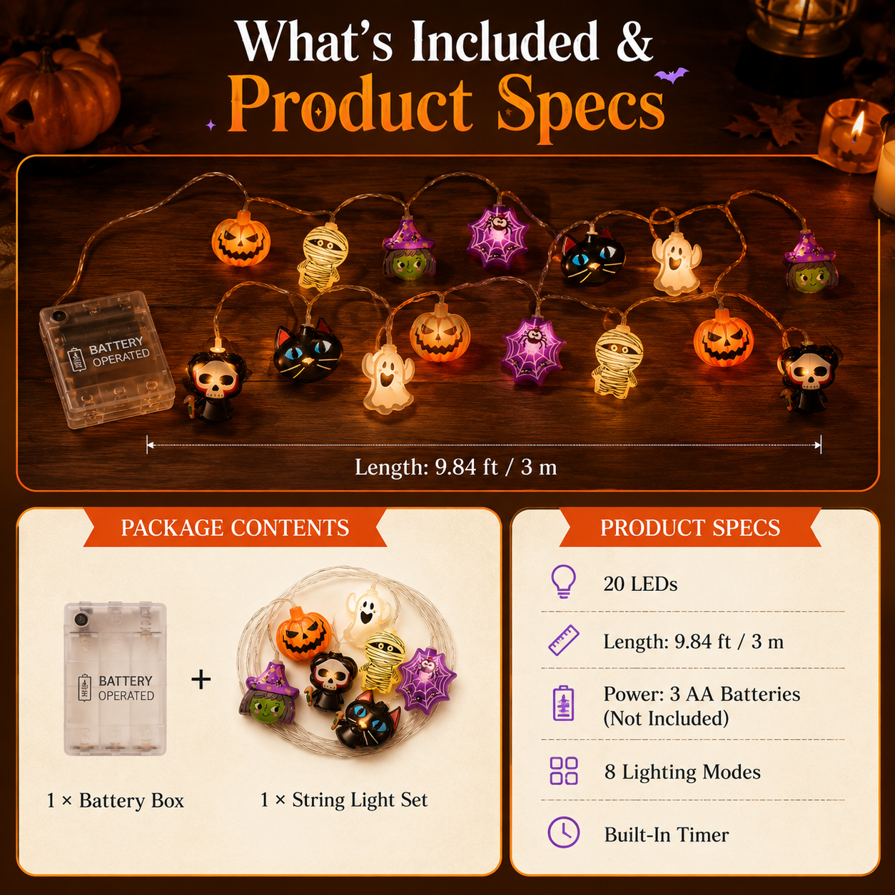 🎃 Halloween Character String Lights with Timer & 8 Lighting Modes – 20 LED Battery-Operated Décor