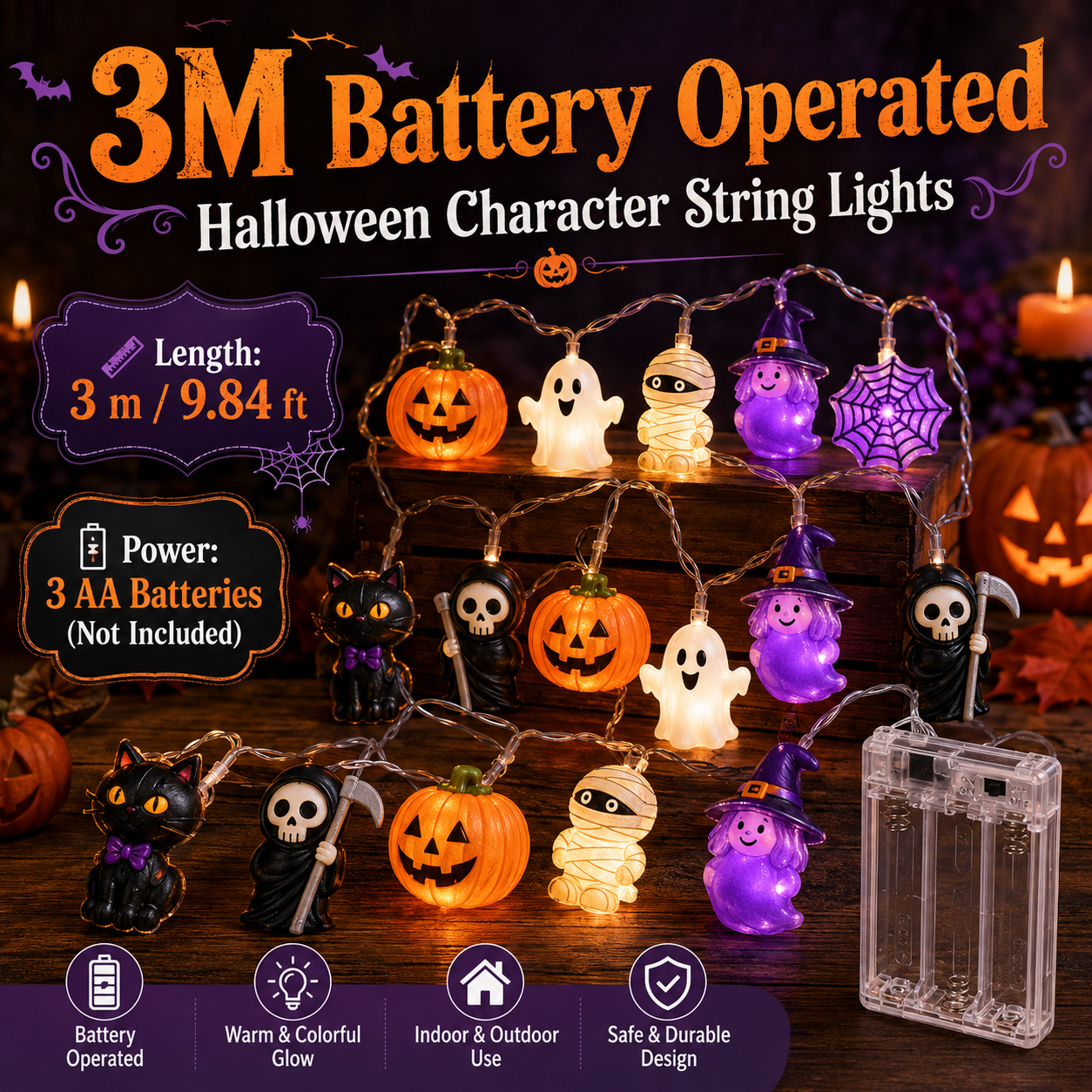 🎃 Halloween Character String Lights with Timer & 8 Lighting Modes – 20 LED Battery-Operated Décor