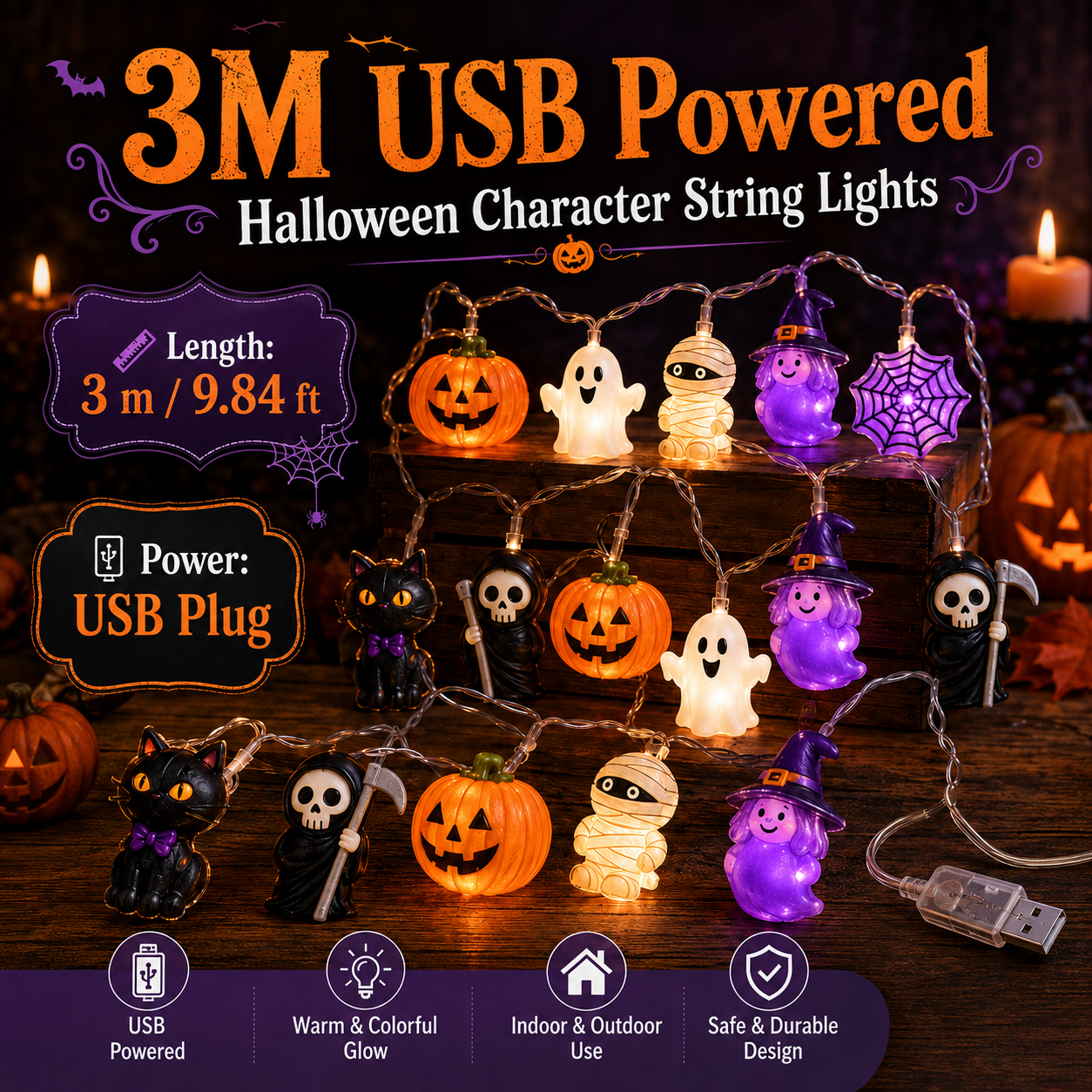 🎃 Halloween Character String Lights with Timer & 8 Lighting Modes – 20 LED Battery-Operated Décor
