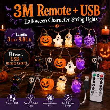 🎃 Halloween Character String Lights with Timer & 8 Lighting Modes – 20 LED Battery-Operated Décor