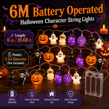 🎃 Halloween Character String Lights with Timer & 8 Lighting Modes – 20 LED Battery-Operated Décor