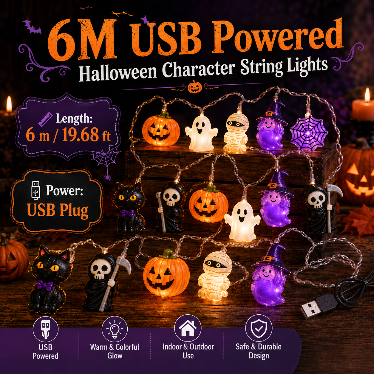 🎃 Halloween Character String Lights with Timer & 8 Lighting Modes – 20 LED Battery-Operated Décor