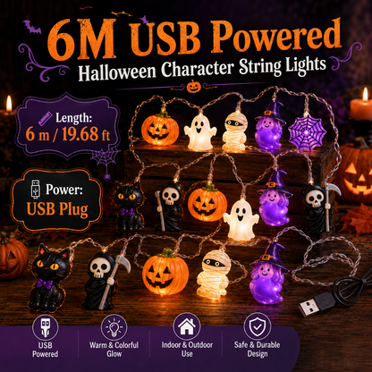 🎃 Halloween Character String Lights with Timer & 8 Lighting Modes – 20 LED Battery-Operated Décor