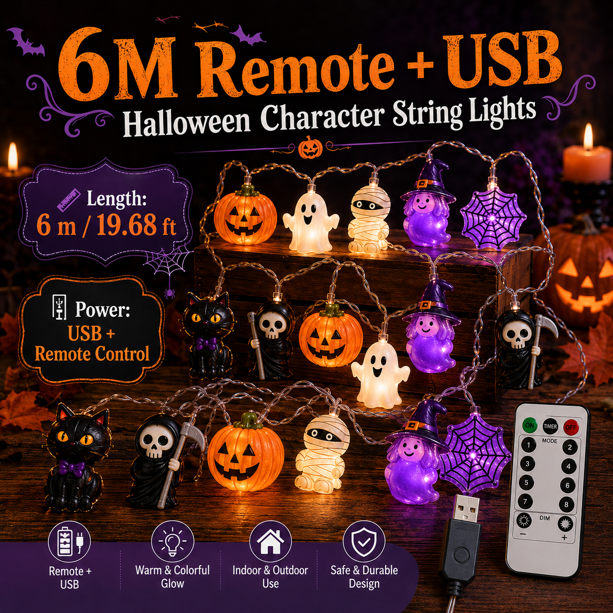 🎃 Halloween Character String Lights with Timer & 8 Lighting Modes – 20 LED Battery-Operated Décor