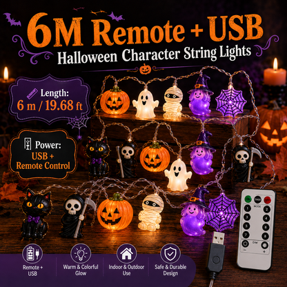 🎃 Halloween Character String Lights with Timer & 8 Lighting Modes – 20 LED Battery-Operated Décor