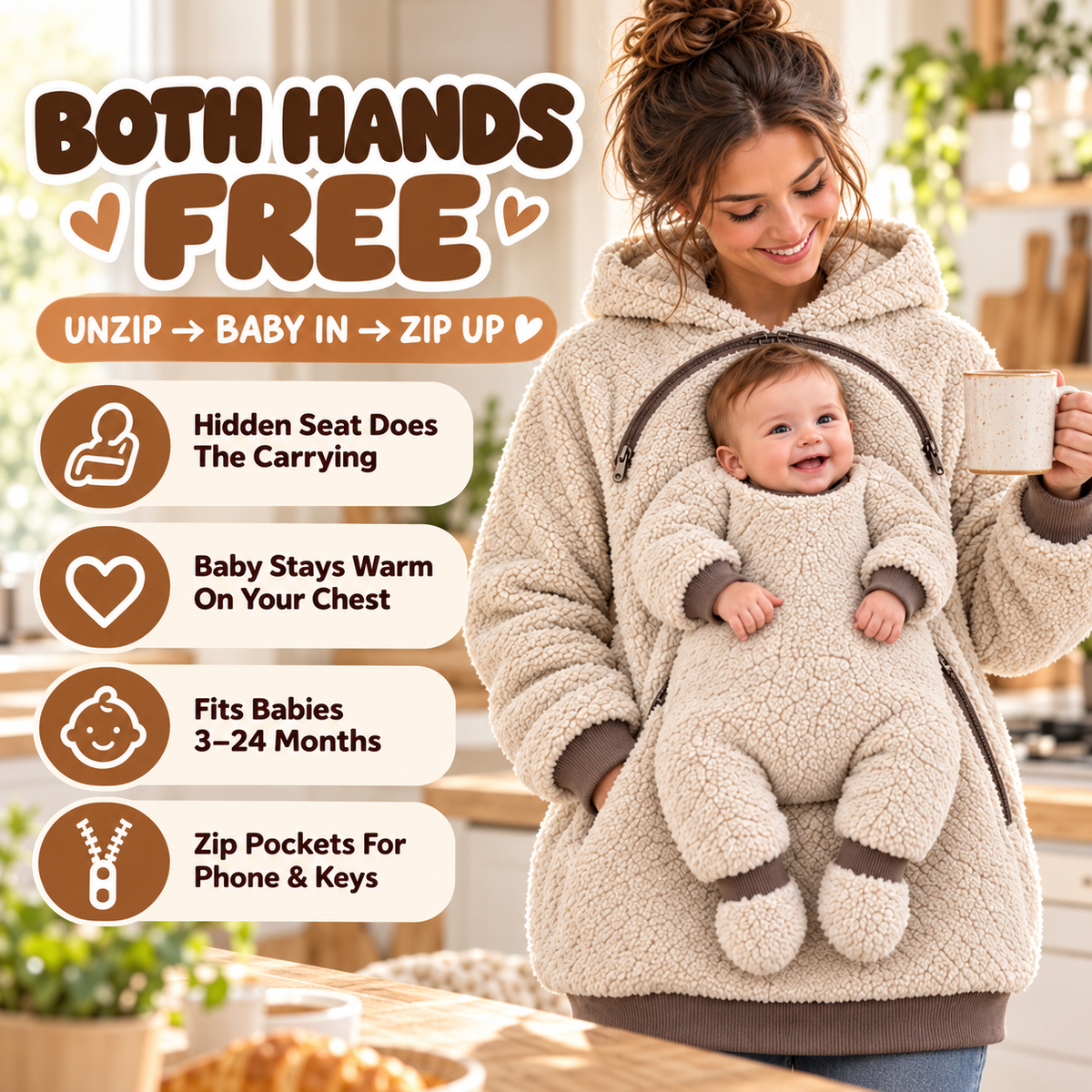 Hands free sherpa babywearing hoodie