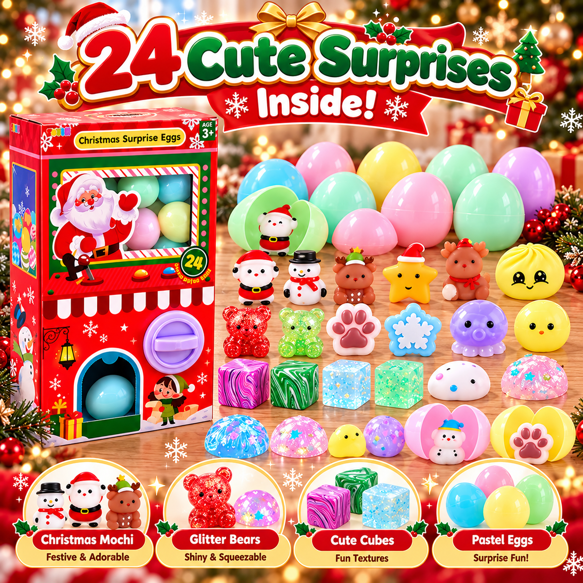 🎄 24-Day Christmas Squishy Surprise Calendar™ – 24 Mystery Eggs with Cute Squeeze Toys