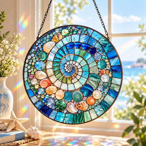🌊 Ocean Spiral Stained Glass Suncatcher – Bring Coastal Colors & Rainbow Light Into Your Home