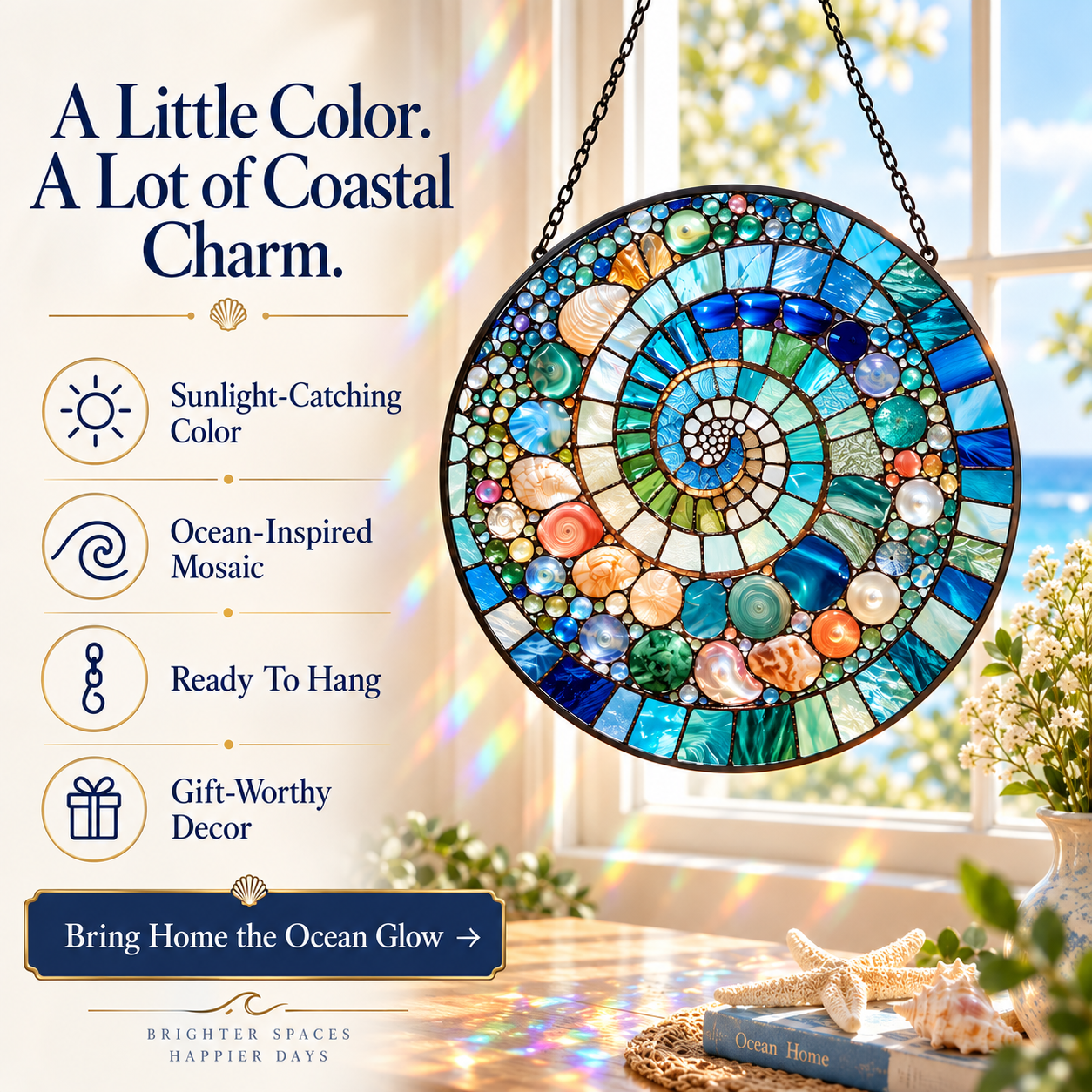 🌊 Ocean Spiral Stained Glass Suncatcher – Bring Coastal Colors & Rainbow Light Into Your Home