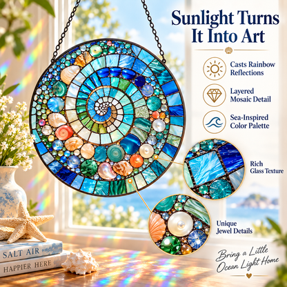 🌊 Ocean Spiral Stained Glass Suncatcher – Bring Coastal Colors & Rainbow Light Into Your Home