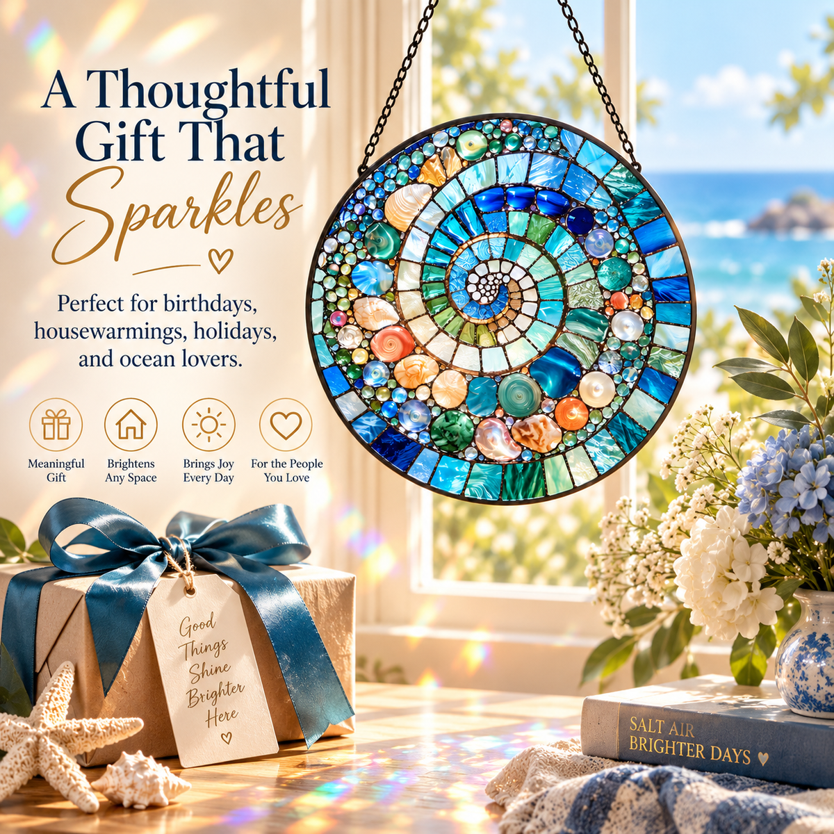 🌊 Ocean Spiral Stained Glass Suncatcher – Bring Coastal Colors & Rainbow Light Into Your Home