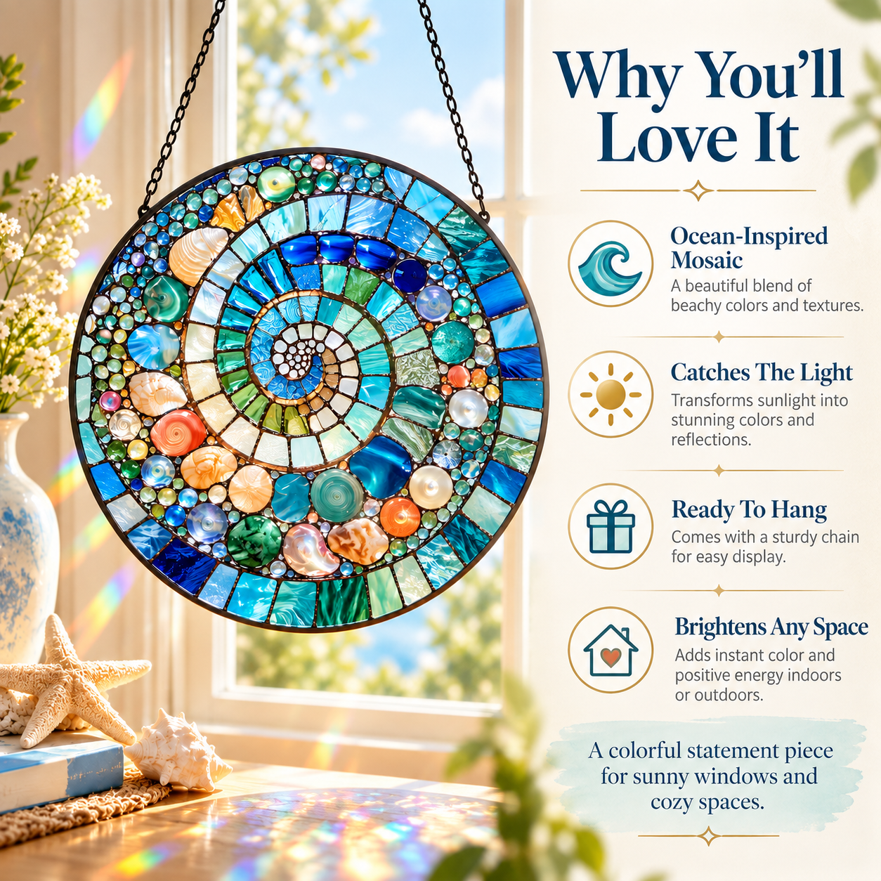 🌊 Ocean Spiral Stained Glass Suncatcher – Bring Coastal Colors & Rainbow Light Into Your Home