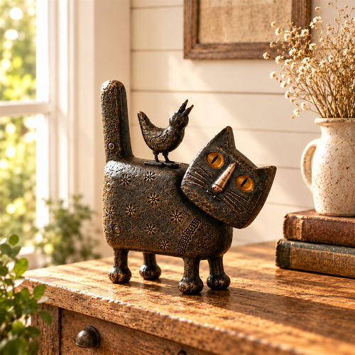 Rustic Folk-Art Cat Figurine – A Whimsical Handmade Accent Full Of Vintage Charm