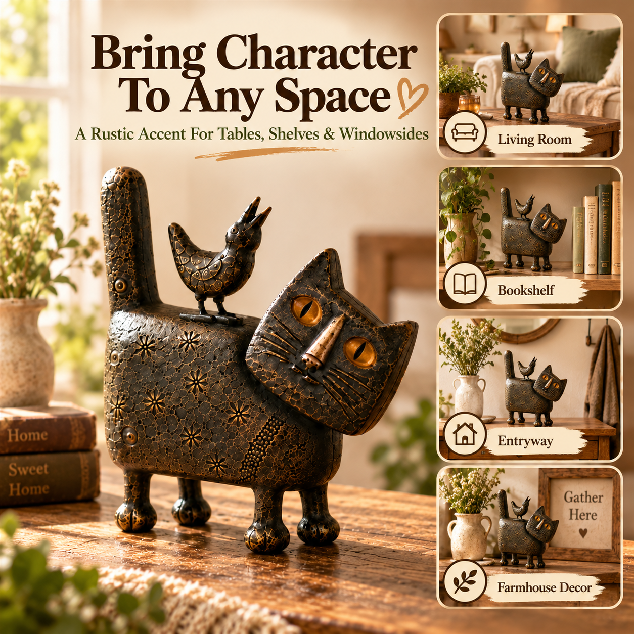 Rustic Folk-Art Cat Figurine – A Whimsical Handmade Accent Full Of Vintage Charm