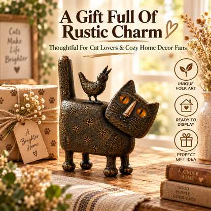 Rustic Folk-Art Cat Figurine – A Whimsical Handmade Accent Full Of Vintage Charm