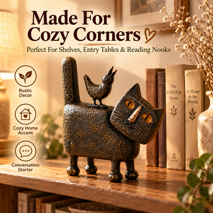 Rustic Folk-Art Cat Figurine – A Whimsical Handmade Accent Full Of Vintage Charm