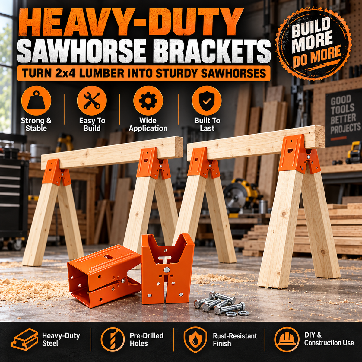 Heavy-Duty Sawhorse Brackets 2-Pack – Turn 2x4 Lumber Into Strong, Stable Work Supports