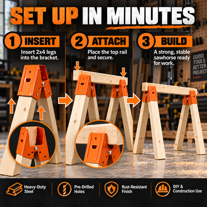 Heavy-Duty Sawhorse Brackets 2-Pack – Turn 2x4 Lumber Into Strong, Stable Work Supports