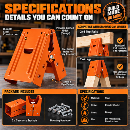 Heavy-Duty Sawhorse Brackets 2-Pack – Turn 2x4 Lumber Into Strong, Stable Work Supports