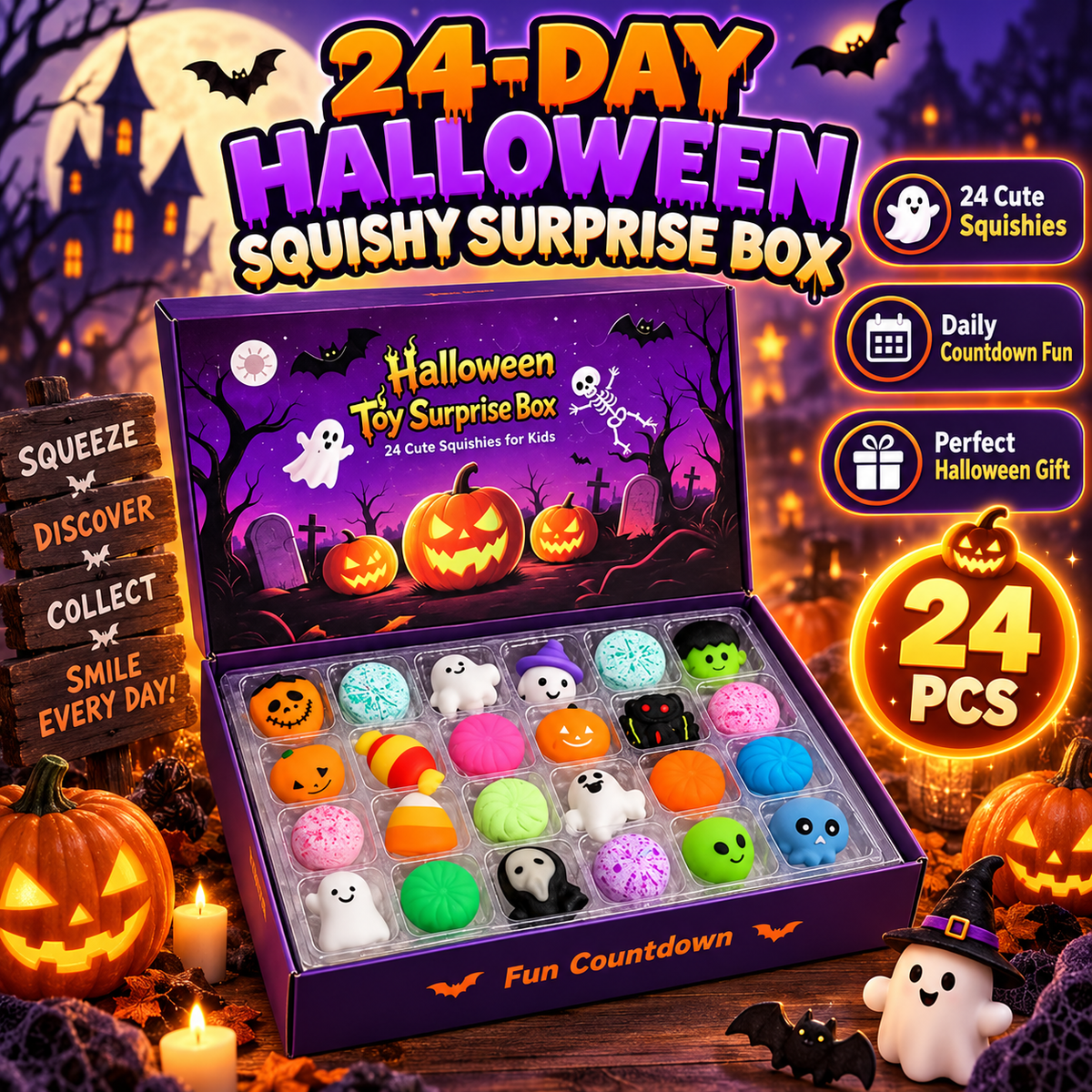 🎃 24-Day Halloween Squishy Surprise Box – 24 Cute Daily Surprises for Kids