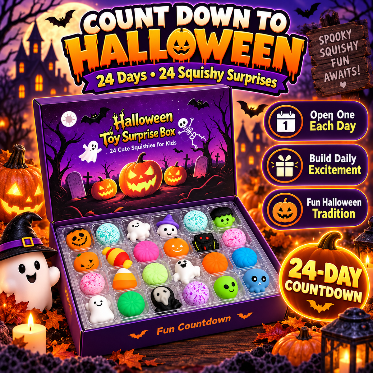 🎃 24-Day Halloween Squishy Surprise Box – 24 Cute Daily Surprises for Kids