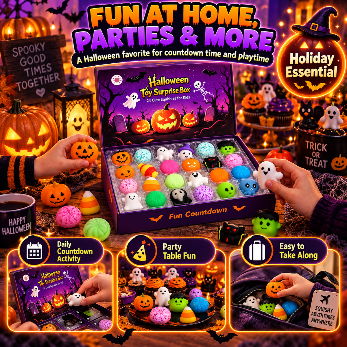 🎃 24-Day Halloween Squishy Surprise Box – 24 Cute Daily Surprises for Kids