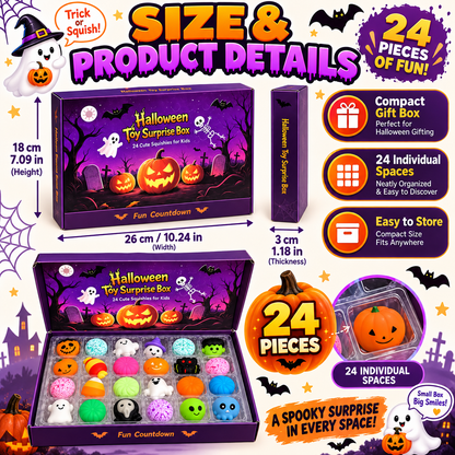 🎃 24-Day Halloween Squishy Surprise Box – 24 Cute Daily Surprises for Kids