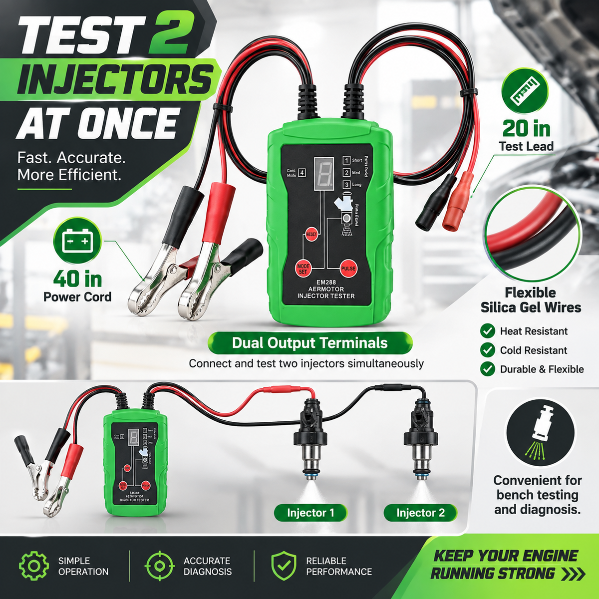EM288 Fuel Injector Tester & Cleaner Kit – 8 Pulse Modes with Dual Injector Testing