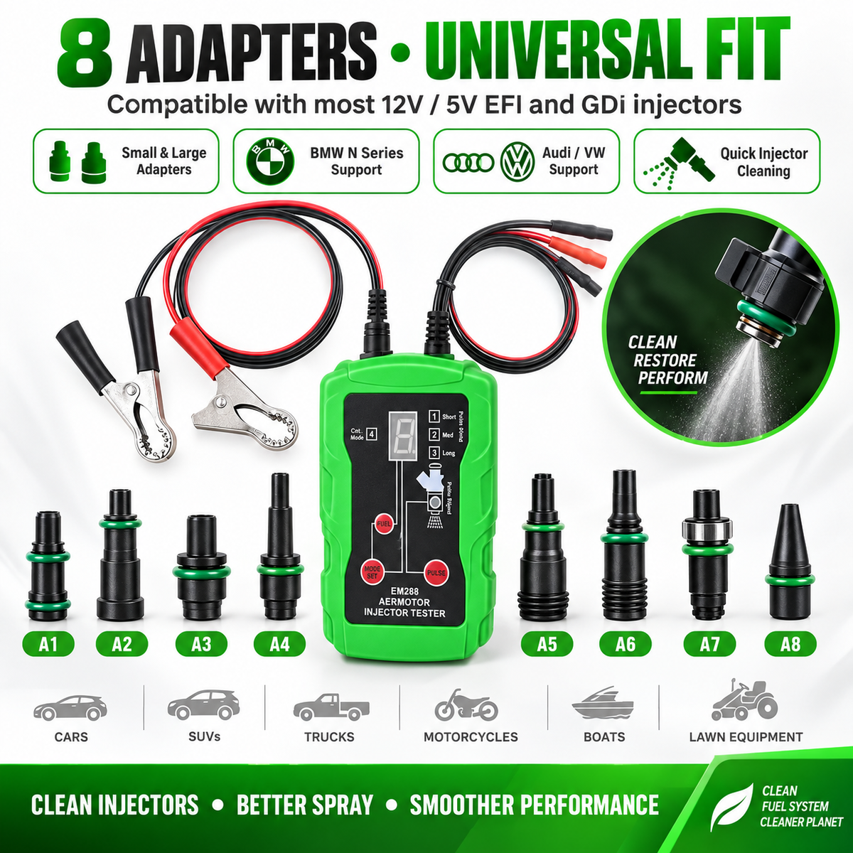 EM288 Fuel Injector Tester & Cleaner Kit – 8 Pulse Modes with Dual Injector Testing