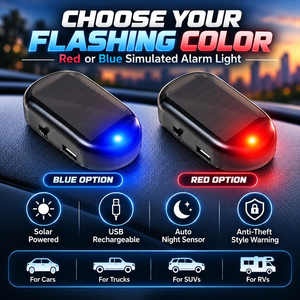 Solar Car Dummy Alarm Light – Auto Night Flashing Security Warning LED