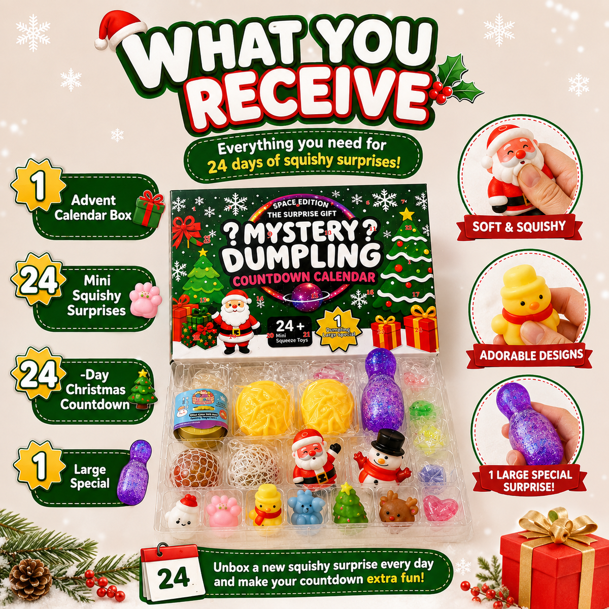 🎄 Mystery Dumpling Squishy Advent Calendar – 24 Days of Christmas Surprises