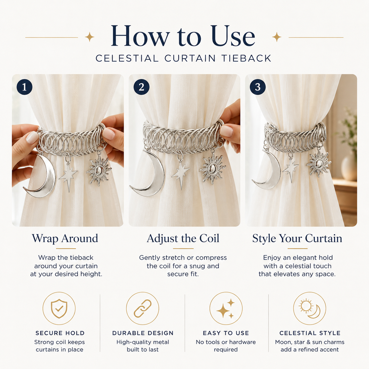 ✨ Celestial Moon & Sun Curtain Tiebacks – Elegant No-Drill Decorative Curtain Holdbacks